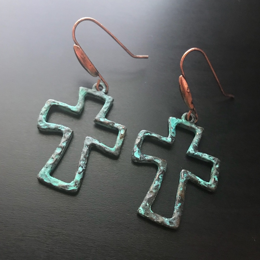 3/$20 - Copper Patina Silhouette Cross Earrings